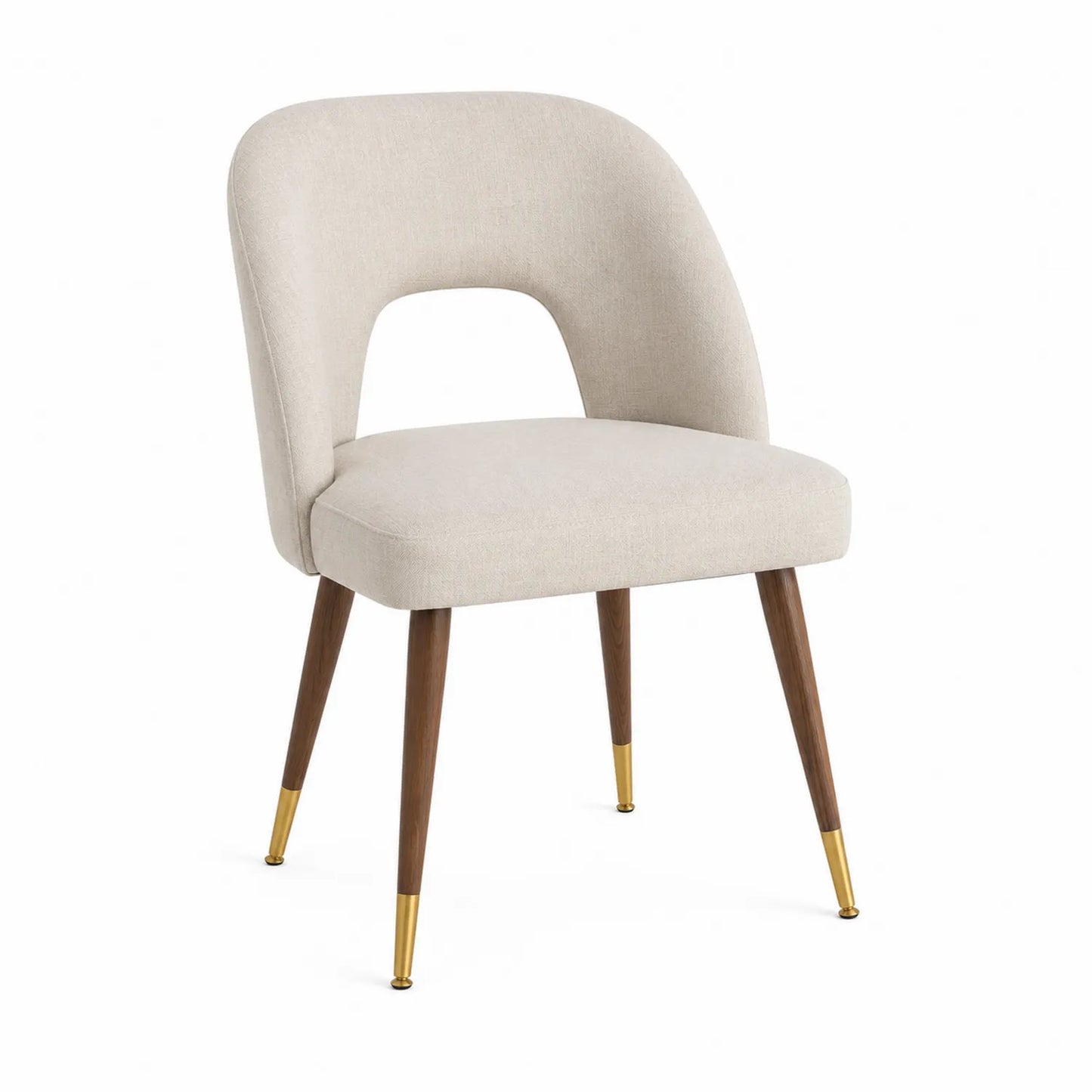 Silla de comedor de tela beige con patas de madera y detalles metálicos dorados