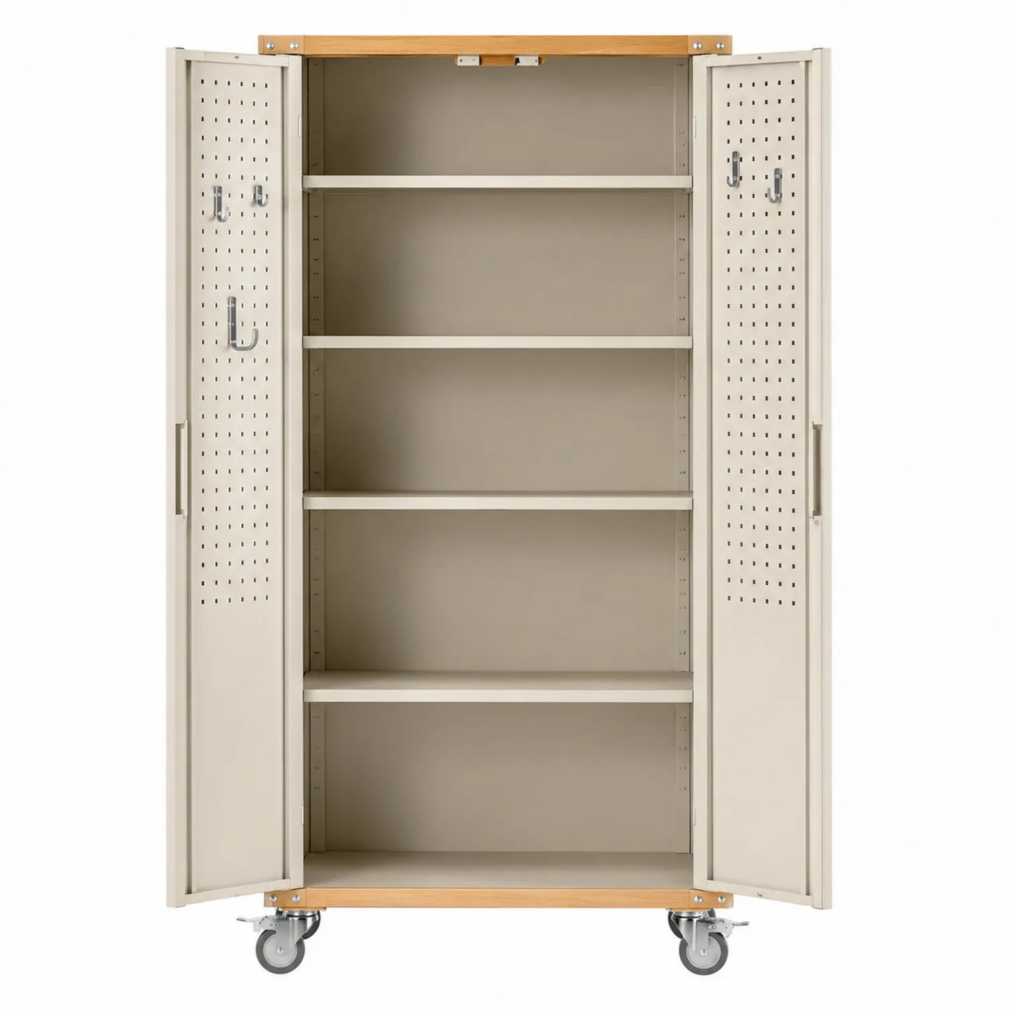 Armario de acero con ruedas beige y madera