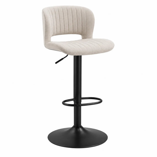 Taburete de Bar Ajustable de Tela Beige y Base de Metal Negro
