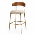 Taburete de tela beige con respaldo de madera y estructura metálica