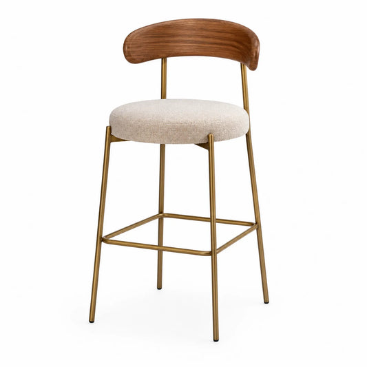 Taburete de tela beige con respaldo de madera y estructura metálica