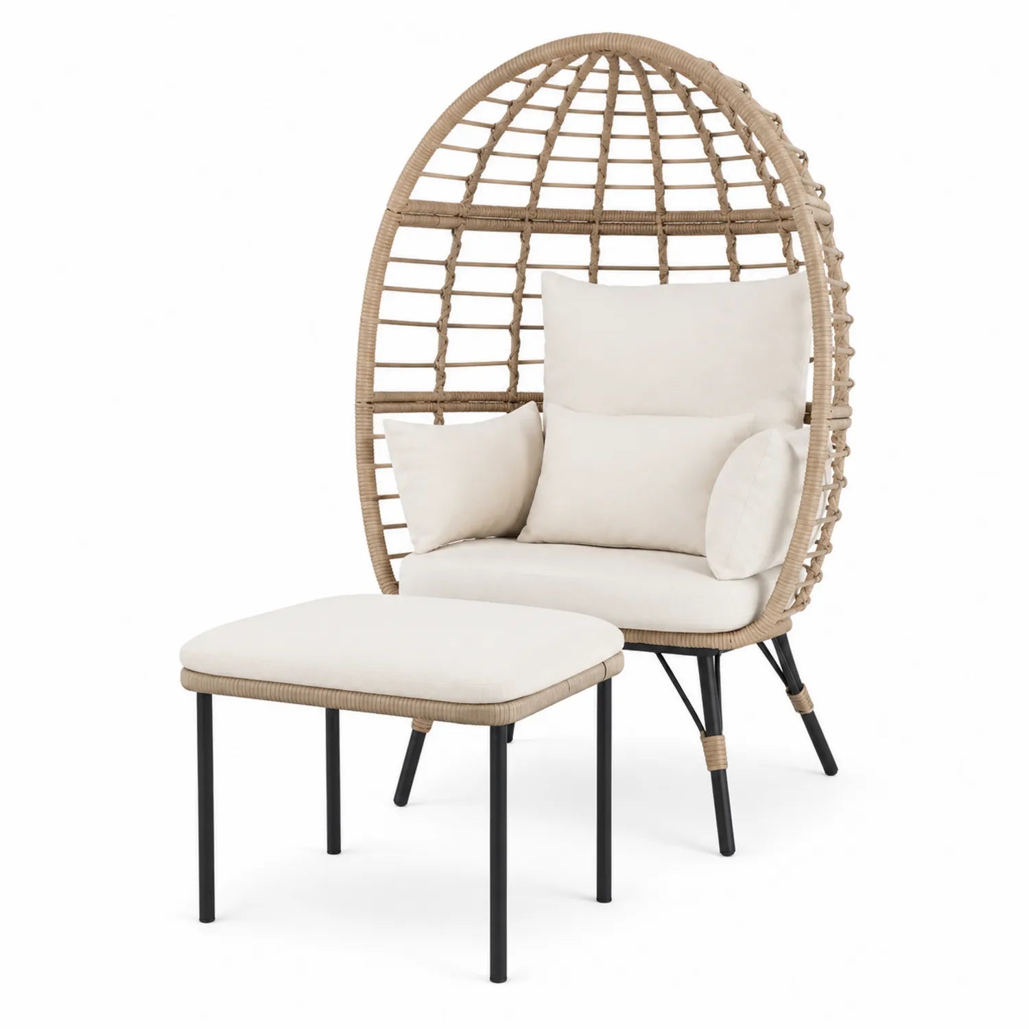 Conjunto de Silla y Reposapiés de Ratán Sintético con Cojines Crema