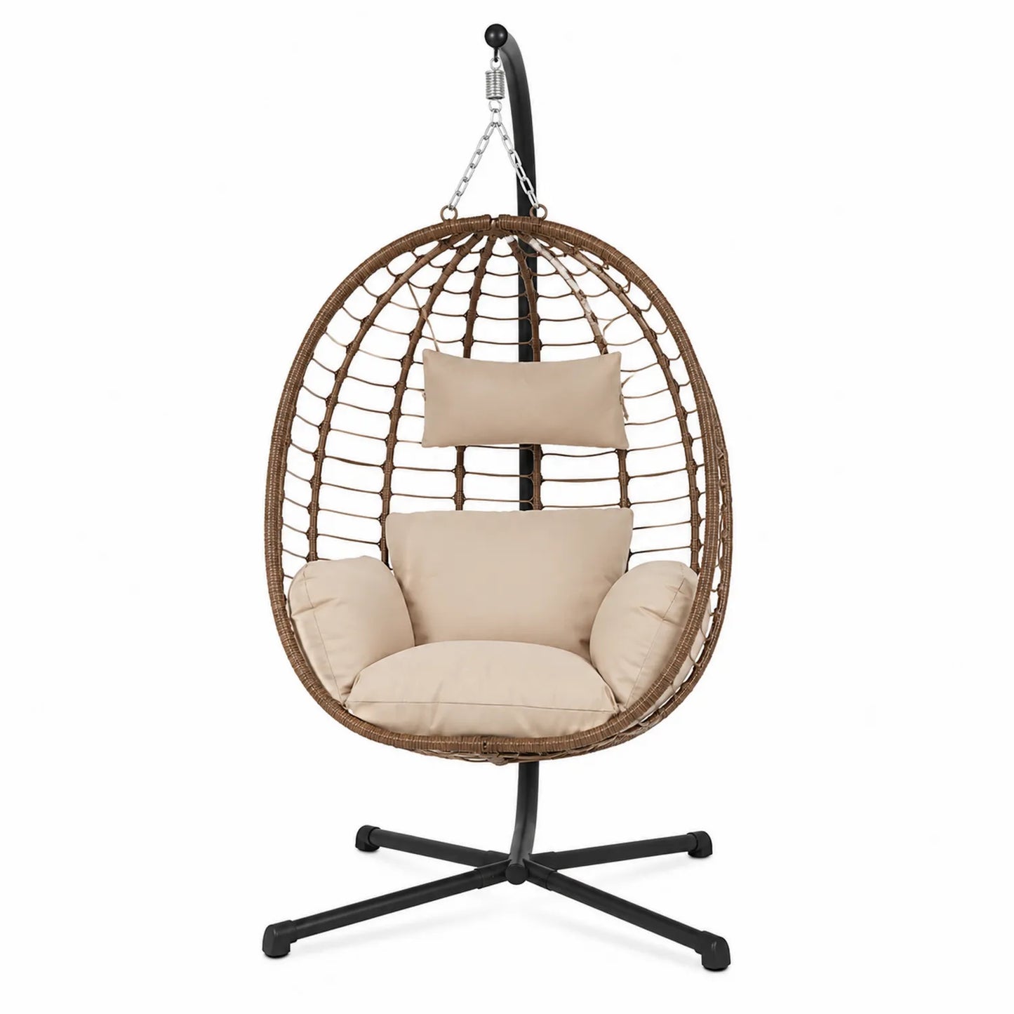 Silla colgante de ratán con cojines beige y soporte metálico