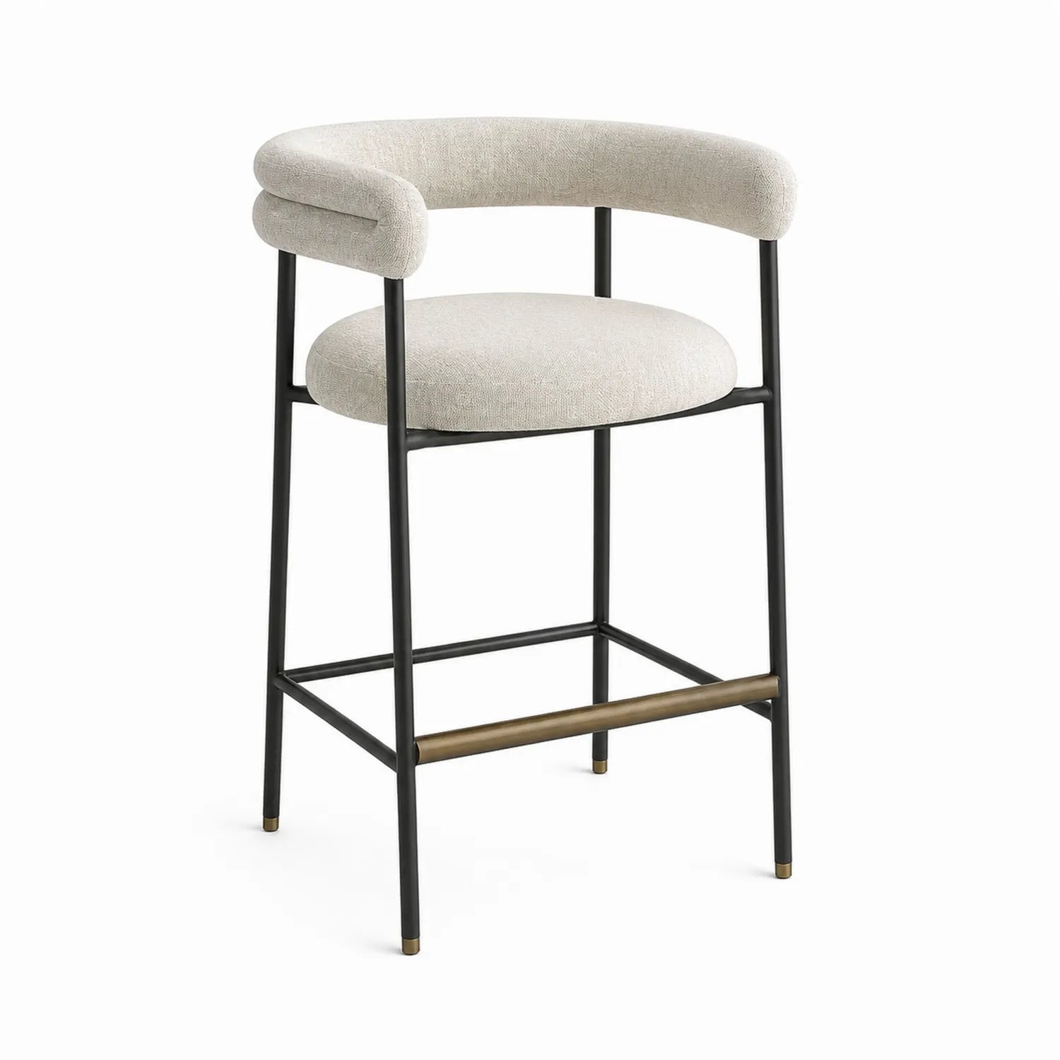 Taburete de bar con respaldo de metal y asiento de tela beige