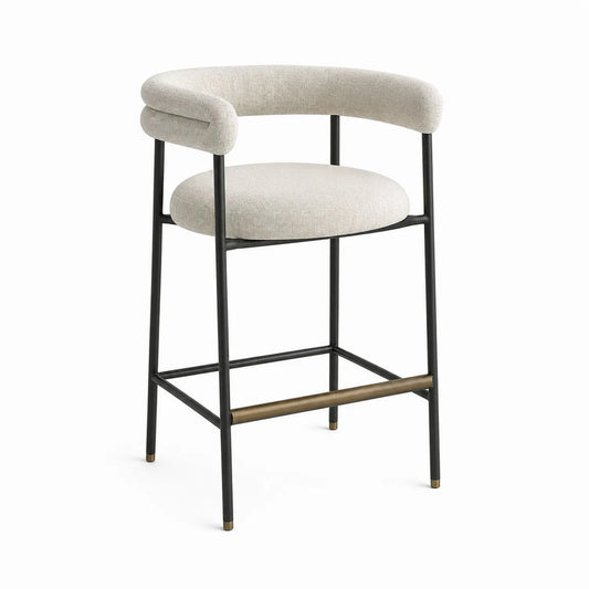 Taburete de bar con respaldo de metal y asiento de tela beige