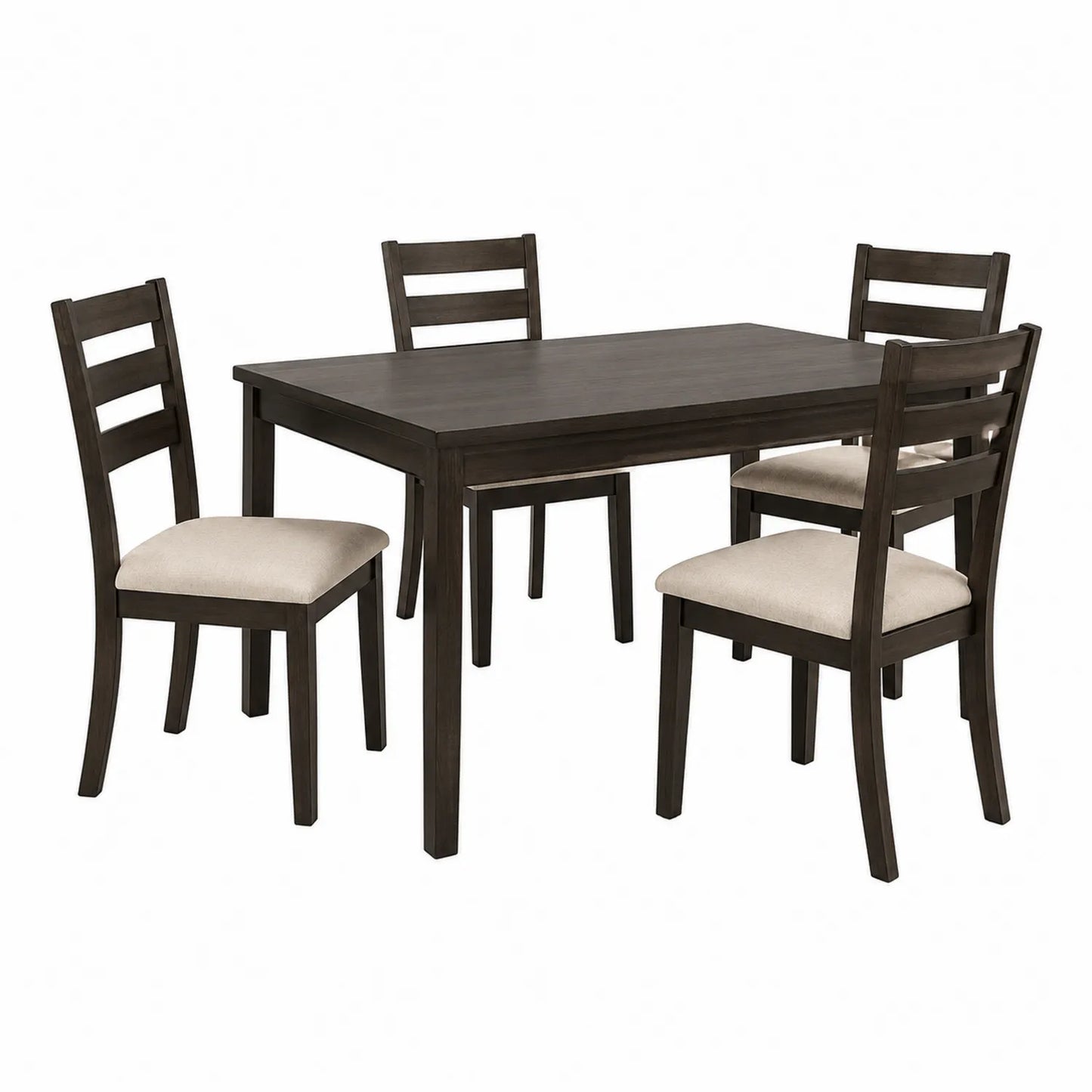 Conjunto de mesa rectangular de madera oscura con 4 sillas tapizadas en beige