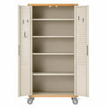 Armario de acero con ruedas beige y madera