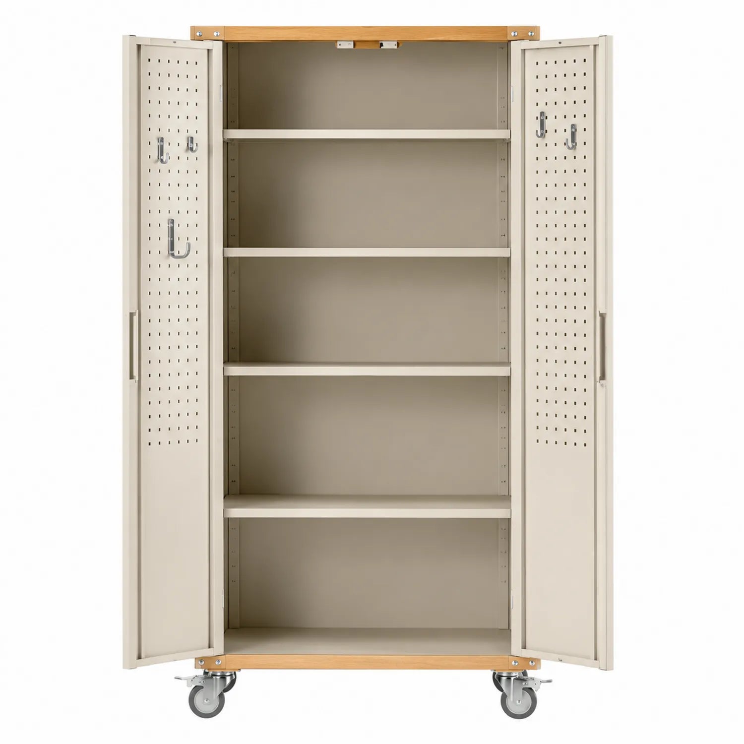 Armario de acero con ruedas beige y madera