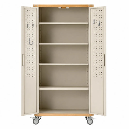Armario de acero con ruedas beige y madera